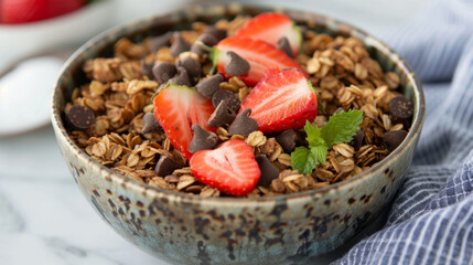 Fototapeta premium Delicious granola topped with fresh strawberries and chocolate chips in a rustic bowl on a marble background
