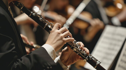 Fototapeta premium A clarinetist performs in an orchestra during a concert, showcasing skill and passion in a classic music hall setting