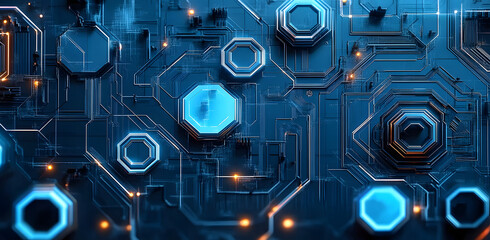 An abstract blue computer technology background has hexagon circuit boards and circles in technology illustrations.