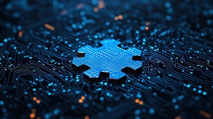 A blue snowflake pattern stands out on a dark circuit board, symbolizing technology and connection amidst a grid of glowing lines.