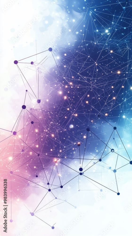 Poster an abstract design displays a cosmic network, featuring intricate connections between dots and lines