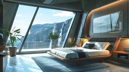 Sophisticated modern bedroom showcasing exclusive furniture and expansive windows with a stunning natural backdrop.