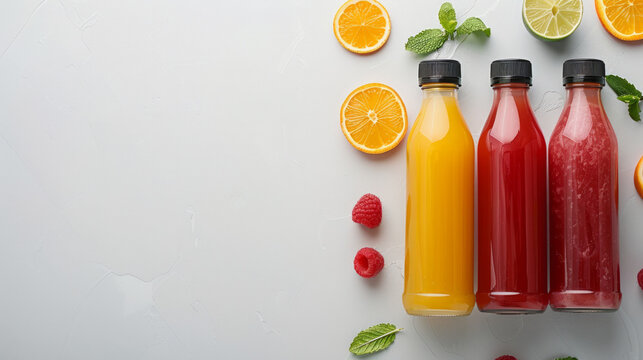 Colorful juice bottles arranged with fresh fruits, perfect for summer refreshments and healthy drinks on a light background