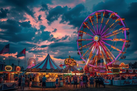 Lunapark with carousel. Fair carnival and attraction. Evening night park festival. Abstract neon fairground. Funfair recreation