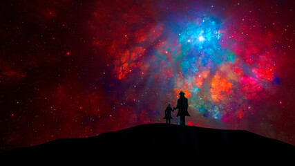 Fototapeta premium Space background. Man and girl silhouette walking on land with colorful fractal nebula and starfield. Father and daughter parents concept. Digital painting, 3D rendering