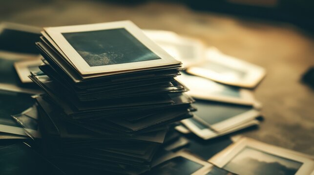 Stacked polaroid photo papers scattered over a neutral background creating a sense of nostalgia and creativity