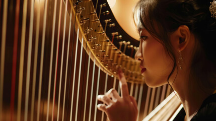 A talented harpist performs enchanting classical melodies in an elegant concert hall during a live...