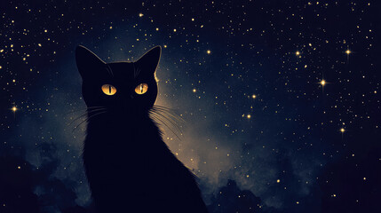 Fototapeta premium Silhouette of a black cat with glowing eyes against a starry backdrop.