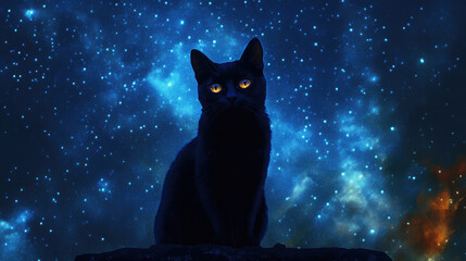 The shadowy outline of a black cat is framed by a blanket of twinkling stars, with its luminous eyes piercing through the darkness, adding an enchanting allure to the scene.