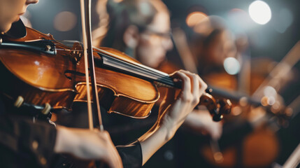Fototapeta premium Musicians warming up with violins before a concert at an indoor venue during evening hours