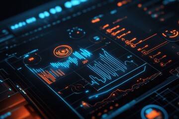 Obraz premium Create a futuristic, dark-themed financial data dashboard with glowing blue and orange line