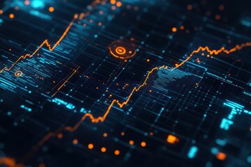 Obraz premium Create a futuristic, dark-themed financial data dashboard with glowing blue and orange line