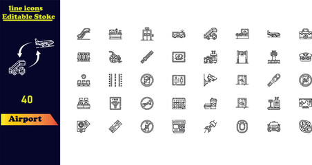 Airport stroke icon collection featuring icons for airport, customs, immigration law, boarding pass, landing, check-in, stairs, senior travelers, and trolleys.
