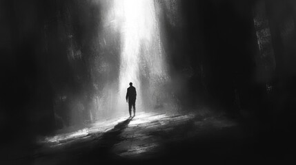 A solitary figure stands in a dark cave, illuminated by a bright light streaming from above.