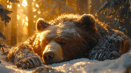 Sleeping Bear in Snowy Forest Generative AI