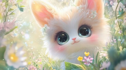 A dreamy, soft-focus wallpaper featuring adorable animals with oversized eyes