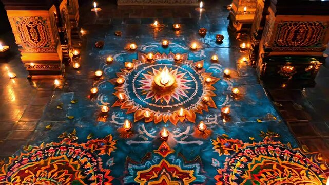 Aerial view of a vibrant Indian rangoli pattern, detailed and symmetrical, surrounded by lit diyas, Diwali celebration