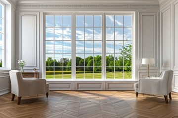 Fototapeta premium A bright and airy room with large windows. Soft light pours in, enhancing the elegant decor. Perfect for relaxation or inspiration. A serene escape. Generative AI