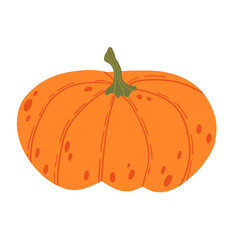  Flat orange pumpkin illustration, ideal for fall-themed decorations, harvest festivals, and Thanksgiving designs. Perfect for seasonal food and botanical projects.