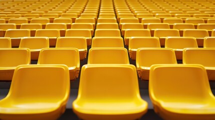 Fototapeta premium Rows of bright yellow stadium seats neatly aligned in symmetrical order inside an empty sports arena emphasizing clean geometry and vibrant color contrast