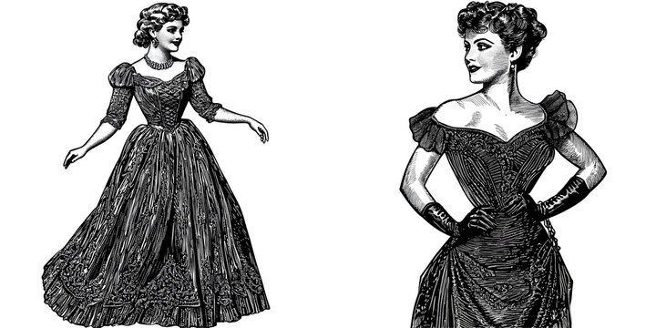 a vintage actress 1940s Hollywood glamour evening gown black and white isolated on white and transparent background