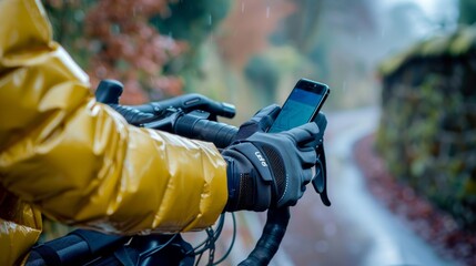 Cyclist checks smartphone on a rainy day, dressed in a warm yellow jacket, exploring a scenic route with vibrant fall colors.