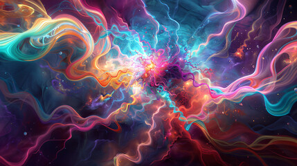 An abstract background depicting a swirling quantum field filled with vibrant energy patterns. Within the field, a complex, geometric form with shifting colors phases in and out of existence, 
