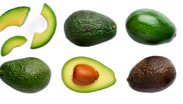  Avocado dall'alto- Sei set di avocado su uno sfondo bianco. Ogni set comprende un avoca_1(38)