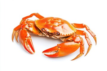A bright orange cooked crab with claws raised isolated on a white background