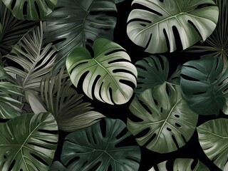 Fototapeta premium backdrop with lush tropical leaf patterns like monstera and palm, using dark green and emerald green.