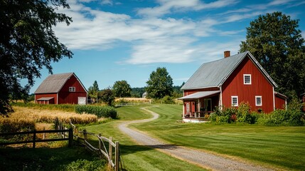Obraz premium Charming red barns and a serene landscape.