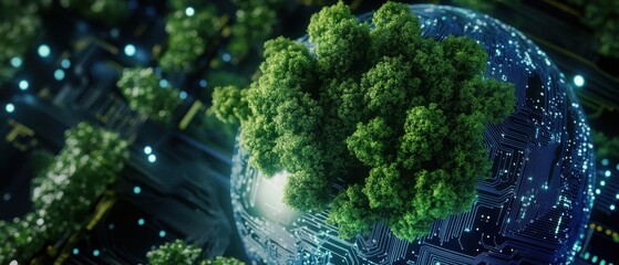 A futuristic depiction of a green, lush tree on a digital globe, symbolizing the harmony of nature and technology in a connected world.