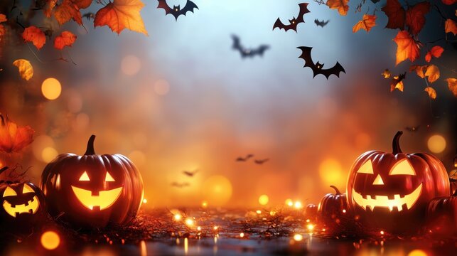 Halloween night frame background with decorated pumkins light garlands and bats for spooky haunted mysterious atmosphere