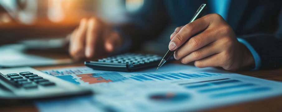 Manager with financial analysis tools, desk setup, budgeting