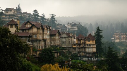 Fototapeta premium Misty Hillside Town with Traditional Architecture