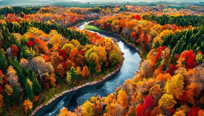 Aerial view of a vibrant autumn forest with a winding river, showcasing the beauty of fall foliage against a stunning natural landscape
