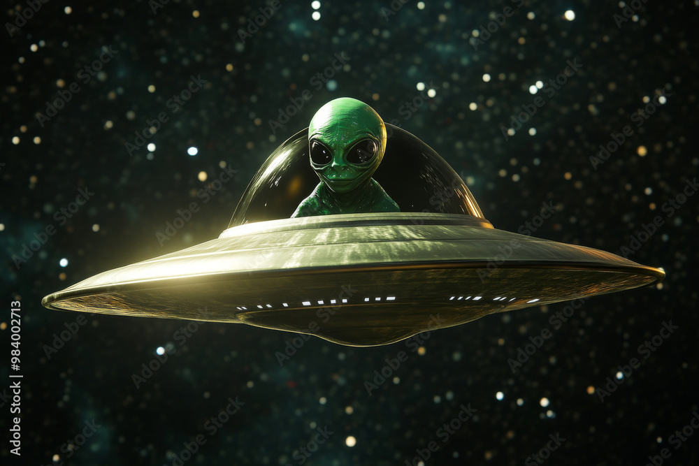 Wall mural green alien inside spaceship in shape of flying saucer navigating through outer space. alien pilotin
