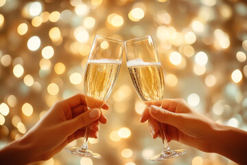Two hands clinking with glasses of champagne wine clink against blurred golden lights. Festive background and celebration concept