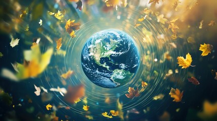 A vibrant depiction of Earth surrounded by swirling autumn leaves, symbolizing nature's beauty and seasonal change.