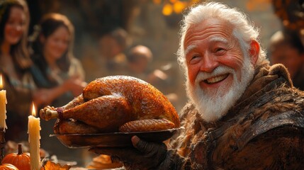 Smiling Man Holding a Turkey at Thanksgiving Feast Generative AI