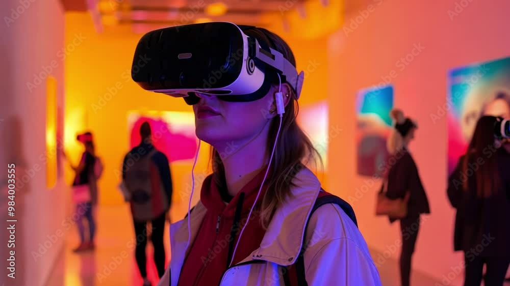Poster people engage with innovative virtual reality art pieces in a vibrant gallery space filled with colo