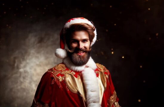 homme hipster d&eacute;guis&eacute; en P&egrave;re No&euml;l souriant et parlant face &agrave; la cam&eacute;ra, la sc&egrave;ne se d&eacute;roule dans un mouvement fluide vers la droite tandis que le zoom se fait sur les expressions amicales et festives