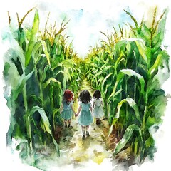Obraz premium Three Girls Walking Through a Cornfield.