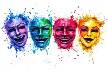 A colorful set of 4 iconic comedy and tragedy theater masks,