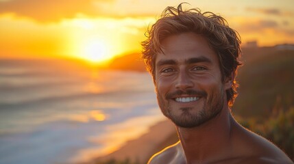 Smiling Man at Sunset Beach Generative AI