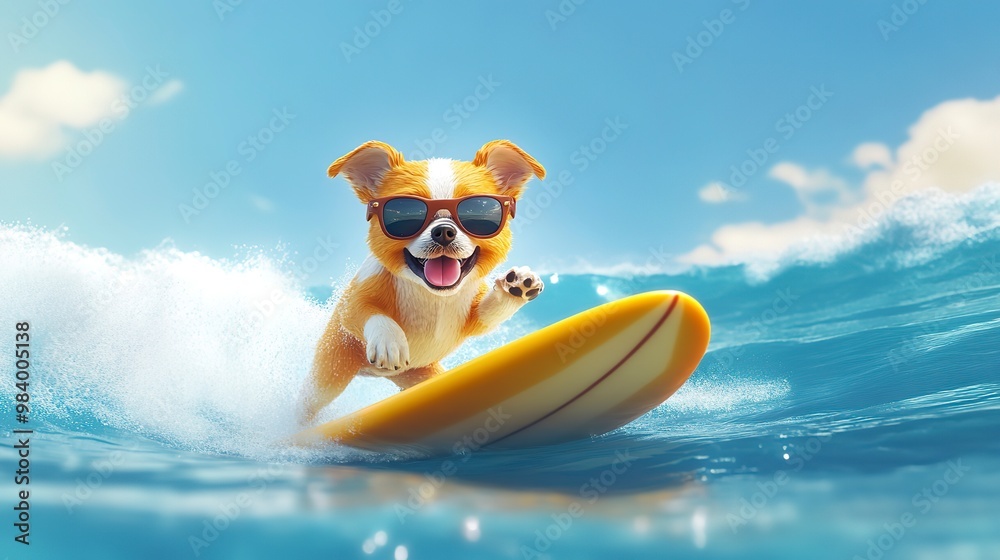 Canvas Prints Dog surfing on surfboard. Cute happy puppy dog on wave, wearing sunglasses. Funny pet animal cartoon illustration of adventure and courage in the ocean.