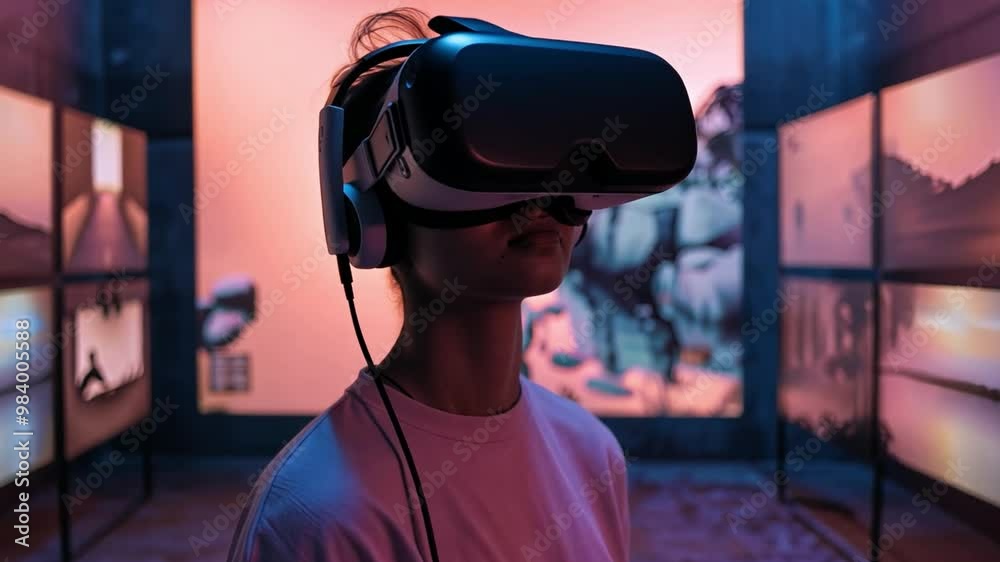 Aufkleber a person is immersed in virtual reality, wearing a headset while exploring a modern art exhibit with