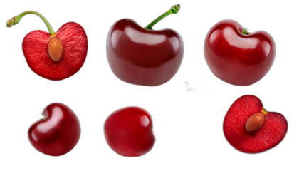  Ciliegie dall'alto- Sei set di ciliegie su uno sfondo bianco. Ogni set include una cili_1(78)