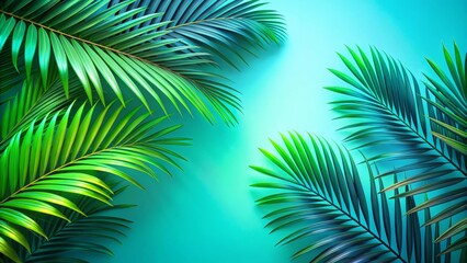 Naklejka premium Palm fronds in a gradient of greens and neutral tones against a vibrant neon blue backdrop, evoking a sense of tropical oasis and relaxation, with plenty of negative space for bold typography.