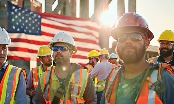 American Flag on a windy day with workers in hard hats and reflective vests, working on a construction site on Labor Day.